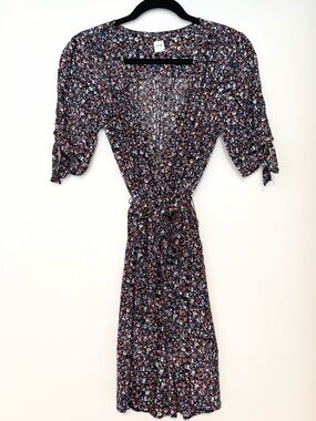 GAP Floral Midi Dress Small Tie Waist Short Sleeve Navy Red Boho